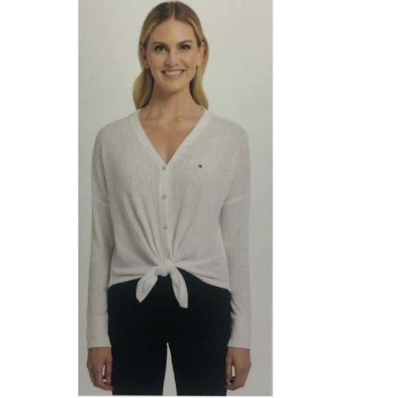 Tommy Hilfiger Women's Tie Waffle Cardigan Top - Picture 2 of 7